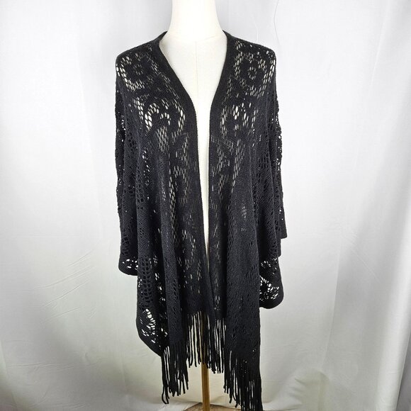 Black Butterfly Shawl Wrap Black Floral Lace Knit Fringe Boho OS - Picture 2 of 8
